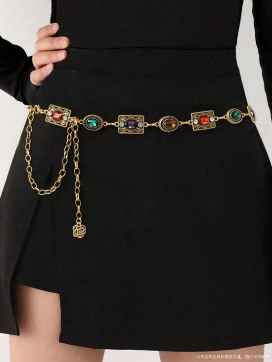 Accessories - Gold Boho Women's Carved Waist Belt with Metal Chain